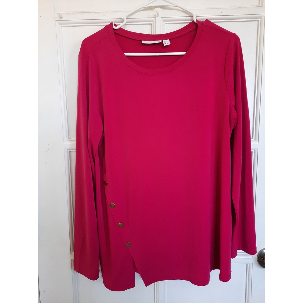 Susan Graver Womens Medium Relaxed Stretch Tunic Top Blouse LS Slit Side Buttons